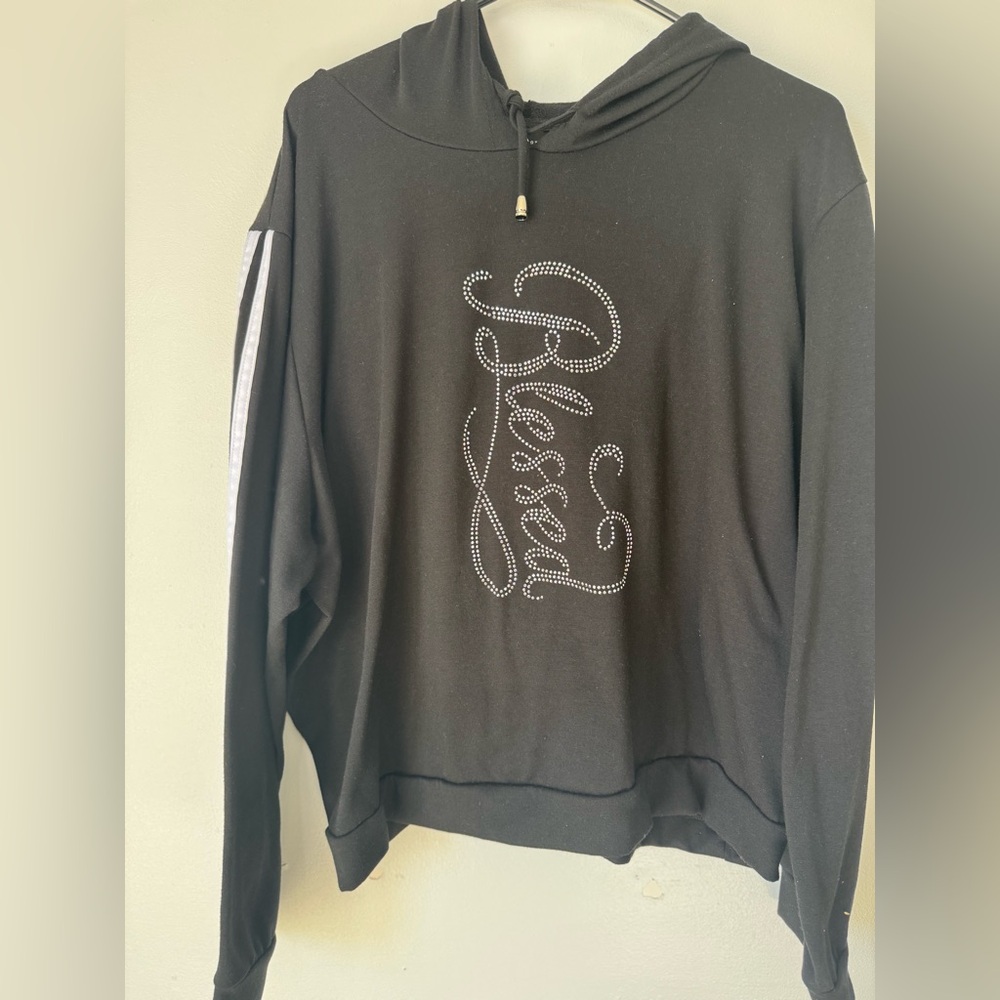 Ashley Stewart Activewear Size 26/28 Black Rhinestone Blessed Hoodie Casual